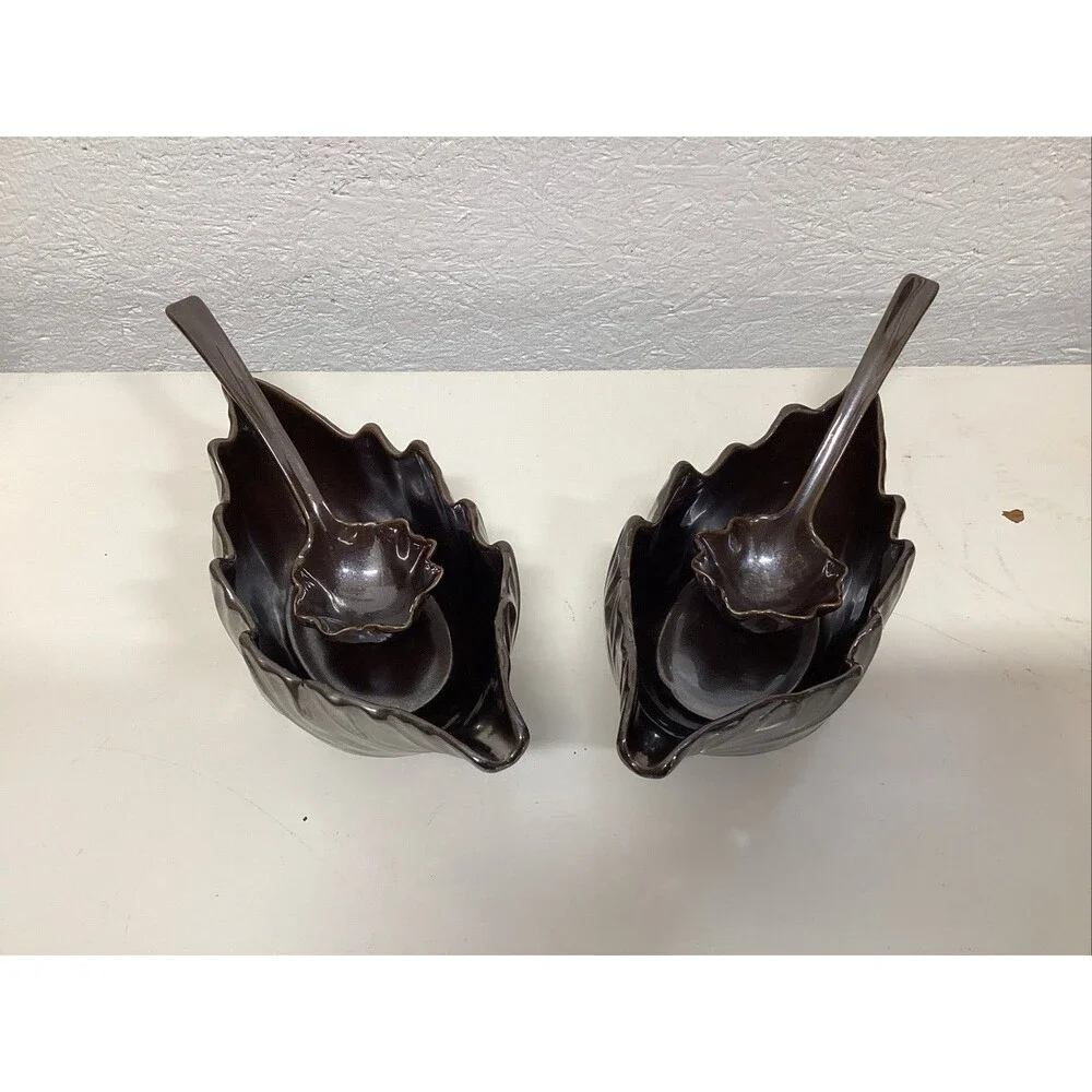 pottery barn metallic leaf bowl w/ladle dish large ceramic set of 2